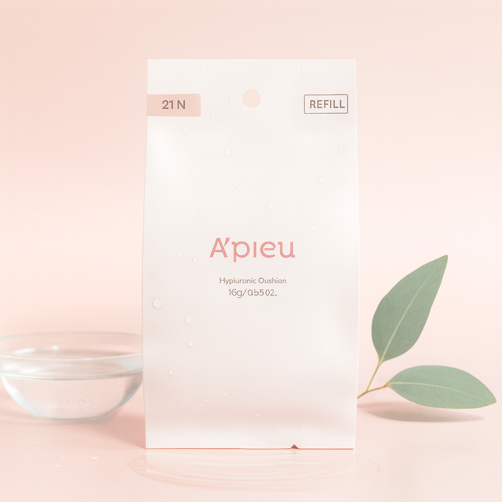 A’pieu Hyaluronic Cushion refill 21N — Korean cushion foundation refill on soft pink background with water bowl and leaf (square hero).