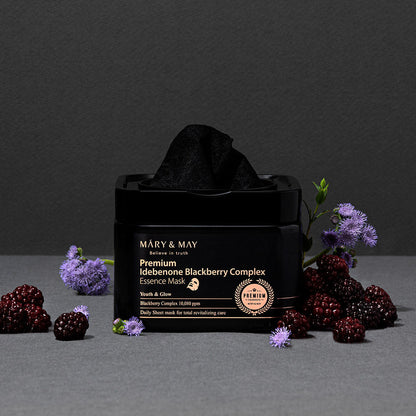 [MARY &amp; MAY] Mascarilla de esencia de complejo de mora e idebenona premium, 250 g (20 unidades) 