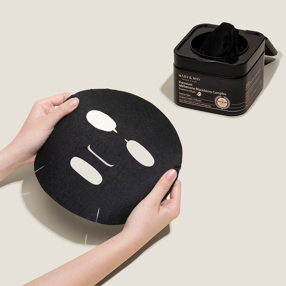 [MARY &amp; MAY] Mascarilla de esencia de complejo de mora e idebenona premium, 250 g (20 unidades) 