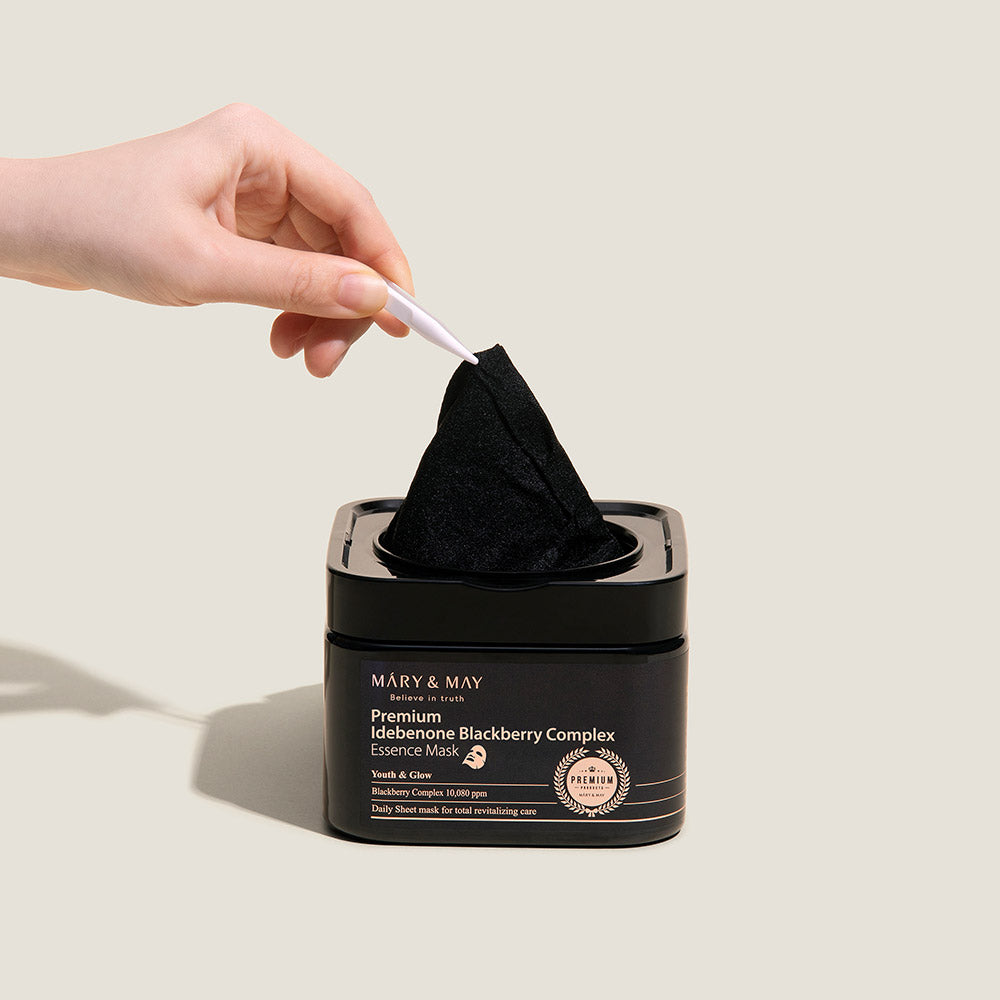 [MARY &amp; MAY] Mascarilla de esencia de complejo de mora e idebenona premium, 250 g (20 unidades) 