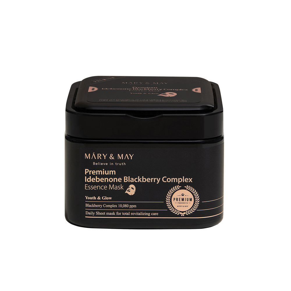[MARY &amp; MAY] Mascarilla de esencia de complejo de mora e idebenona premium, 250 g (20 unidades) 