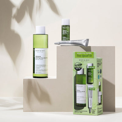 [MARY & MAY] Vegan CICA Tea Tree Toner Special Set (200ml+30ml+Eye cream 12g) with aha for exfoliation and renewal