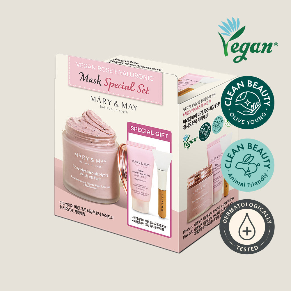 [MARY &amp; MAY] Set especial de mascarilla vegana con ácido hialurónico y rosa (125 g + 30 g)