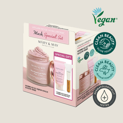 [MARY &amp; MAY] Set especial de mascarilla vegana con ácido hialurónico y rosa (125 g + 30 g)