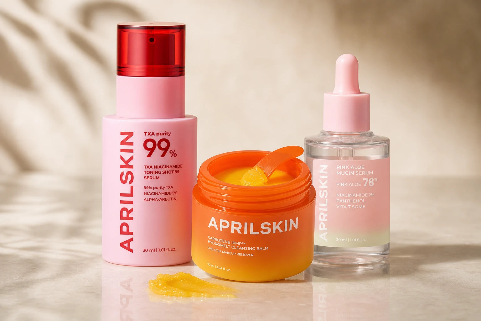 APRILSKIN TXA 99 serum, Carrotene cleansing balm and Pink Aloe serum